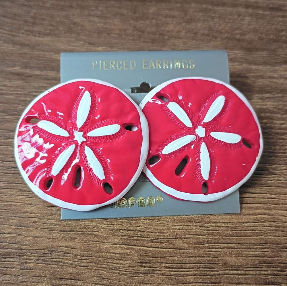 Bright Red Sand Dollar Round Drop Earrings Coastal Beach Summer Nautical - Picture 6 of 6